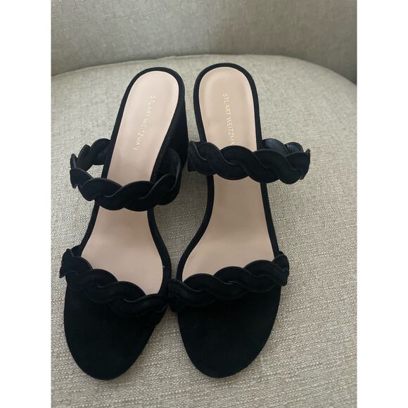 Stuart Weitzman Twistie Block 75 Suede Sandal, 3 in Black, Adult, S53